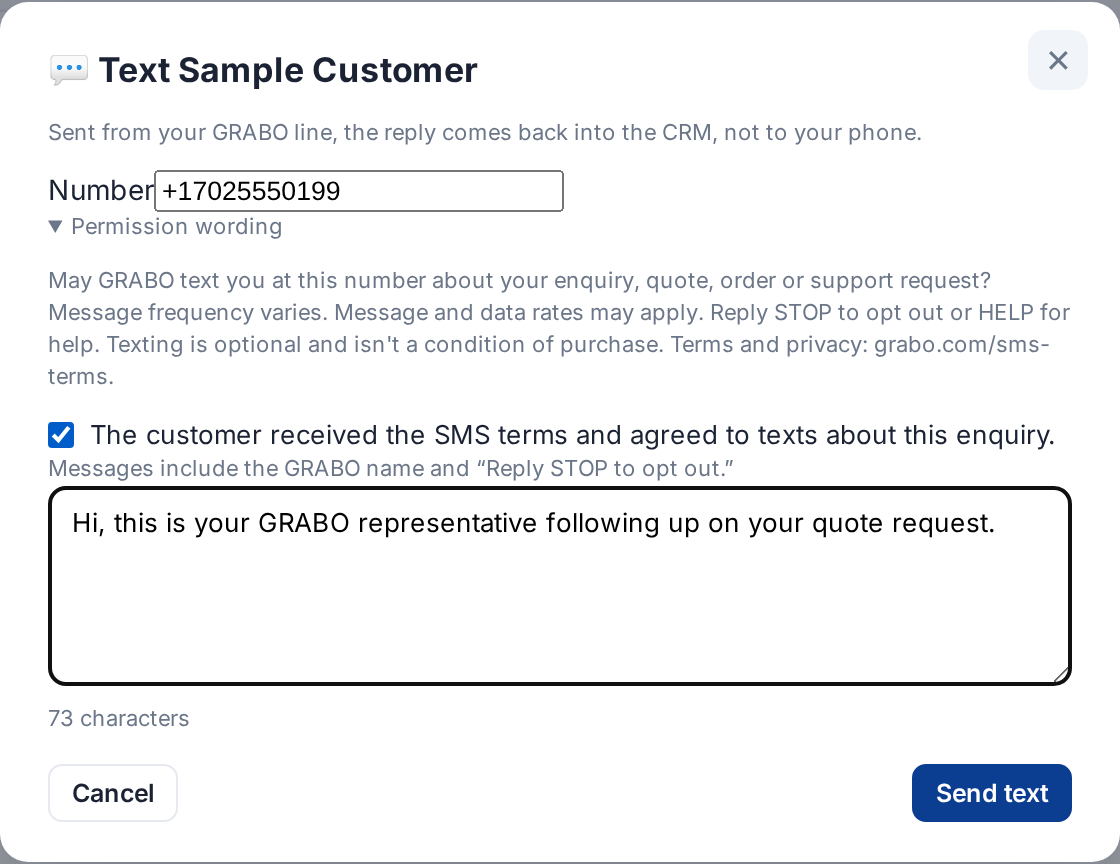 The GRABO CRM text message window, where the representative ticks the box confirming the customer agreed to texts before the first message can be sent